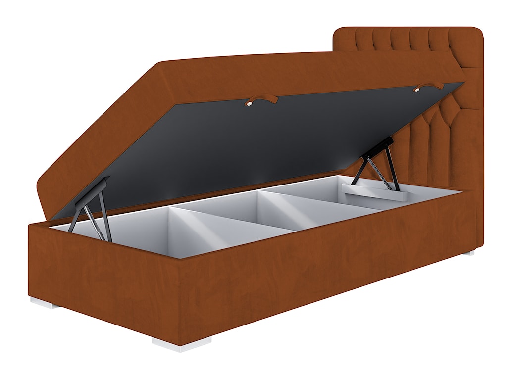 Łóżko kontynentalne 90x200 cm Persival z pojemnikiem i topperem miedziane welur hydrofobowy prawostronne 