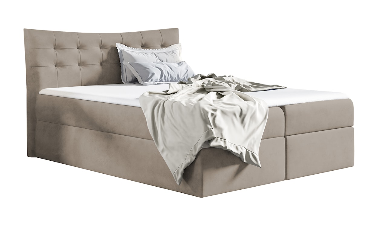 Łóżko kontynentalne Ramblano 120x200 z dwoma pojemnikami, materacem i topperem jasnobrązowe hydrofobowe 