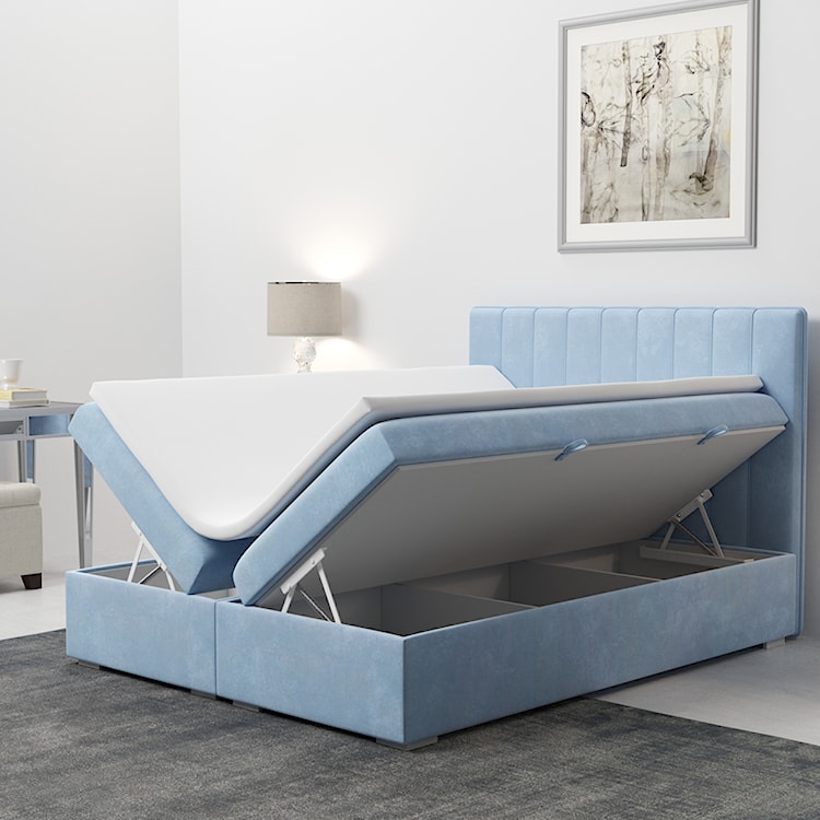 Łóżko kontynentalne 160x200 cm Hunbert z pojemnikami i topperem błękitne welur hydrofobowy  - zdjęcie 6