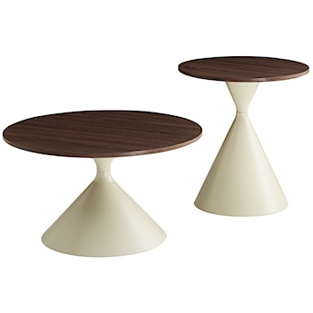 Zestaw stolików kawowych Adrize okrągłe 50 i 70 cm fornir orzech z beżową metalową podstawą