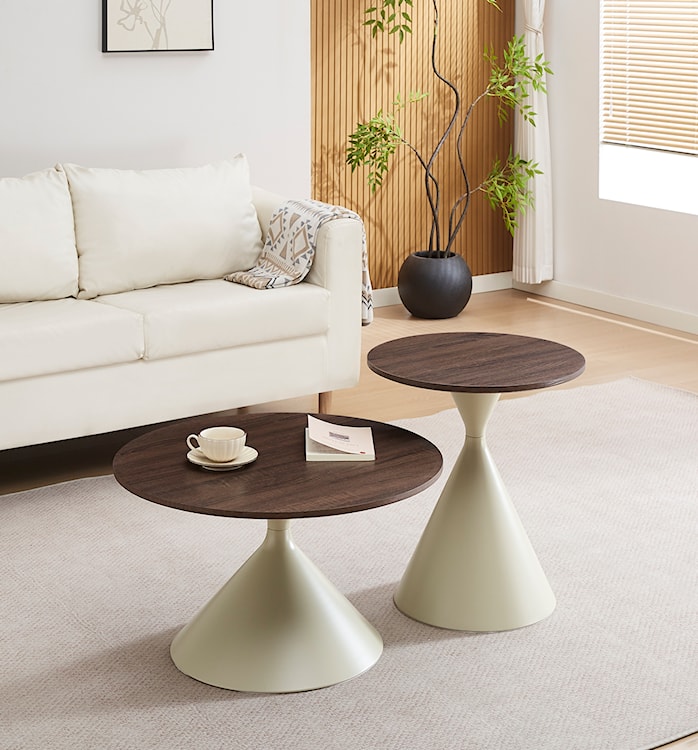 Zestaw stolików kawowych Adrize okrągłe 50 i 70 cm fornir orzech z beżową metalową podstawą  - zdjęcie 2