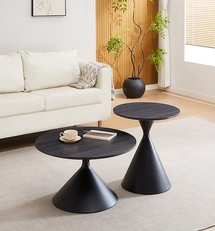 Zestaw stolików kawowych Adrize okrągłe 50 i 70 cm fornir czarny z metalową podstawą  - zdjęcie 2