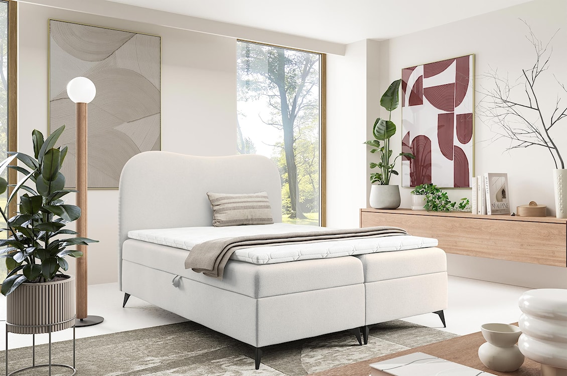Łóżko kontynentalne 160x200 cm Ambradoo z pojemnikami i topperem kremowe boucle  - zdjęcie 2