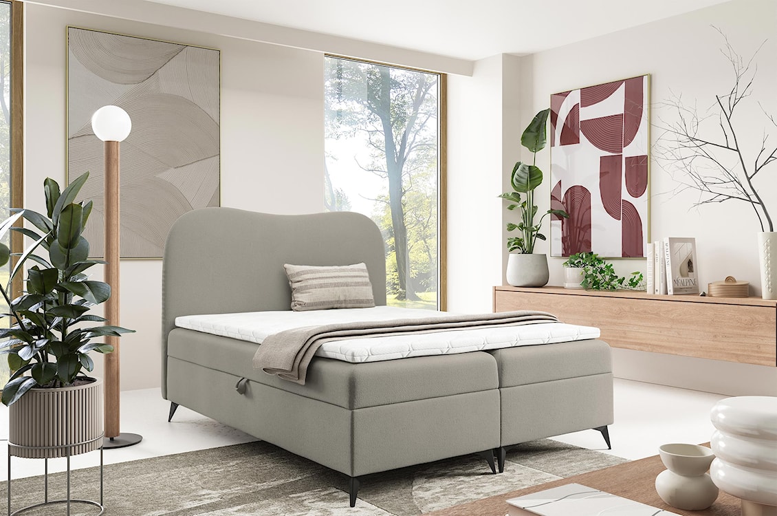 Łóżko kontynentalne 180x200 cm Ambradoo z pojemnikami i topperem szarobeżowe boucle  - zdjęcie 2