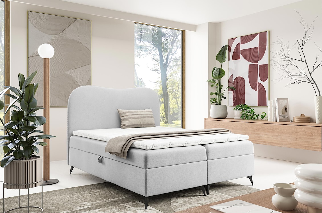 Łóżko kontynentalne 180x200 cm Ambradoo z pojemnikami i topperem jasnoszare boucle  - zdjęcie 2