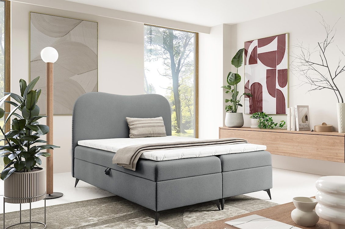 Łóżko kontynentalne 140x200 cm Ambradoo z pojemnikami i topperem szare boucle  - zdjęcie 2