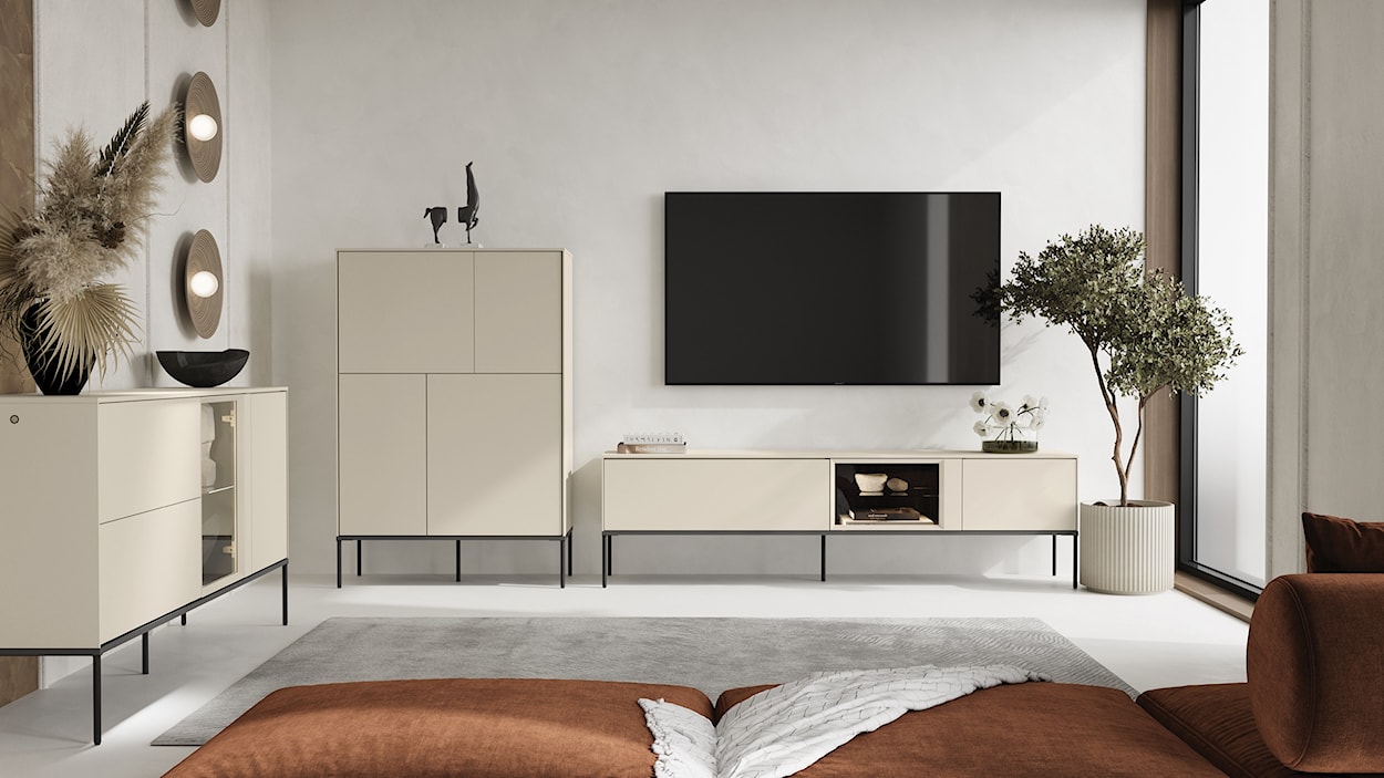 Szafka RTV Bellezo z witryną LED 166 cm kremowy  - zdjęcie 3