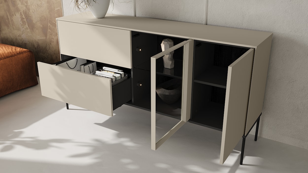 Komoda jednodrzwiowa Bellezo z witryną LED i dwiema szufladami 166 cm kremowy  - zdjęcie 13