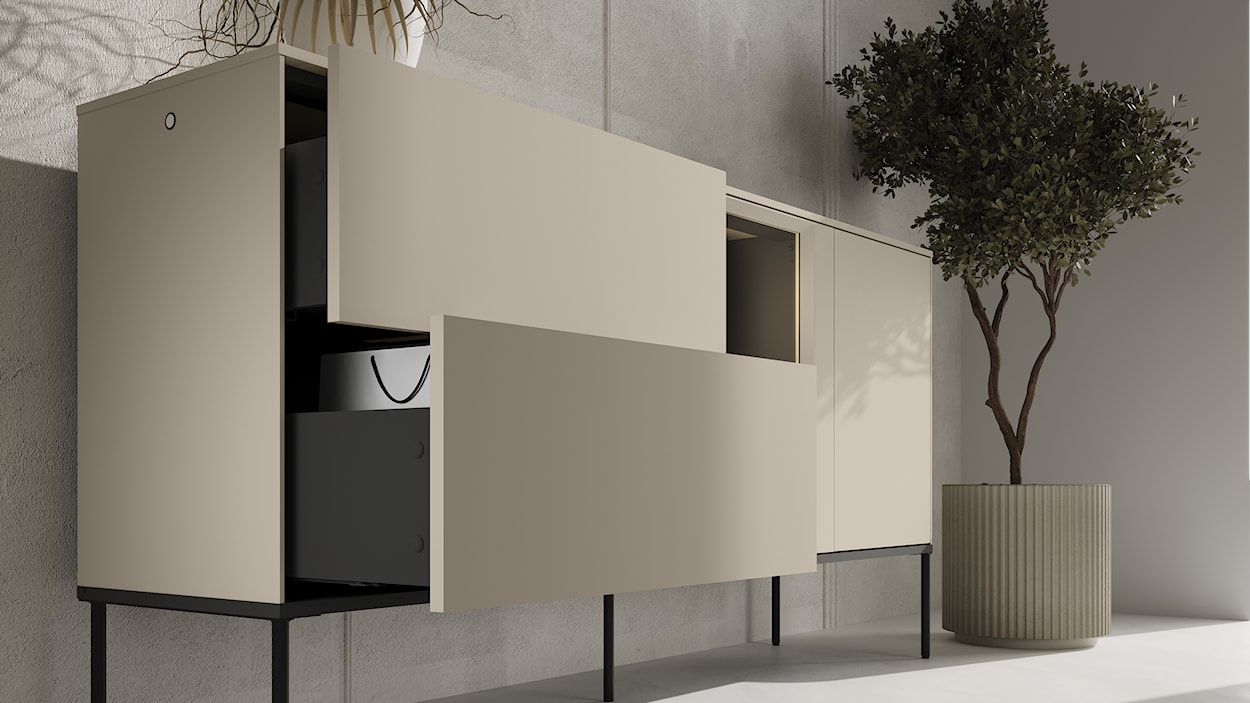 Komoda jednodrzwiowa Bellezo z witryną LED i dwiema szufladami 166 cm kremowy  - zdjęcie 9