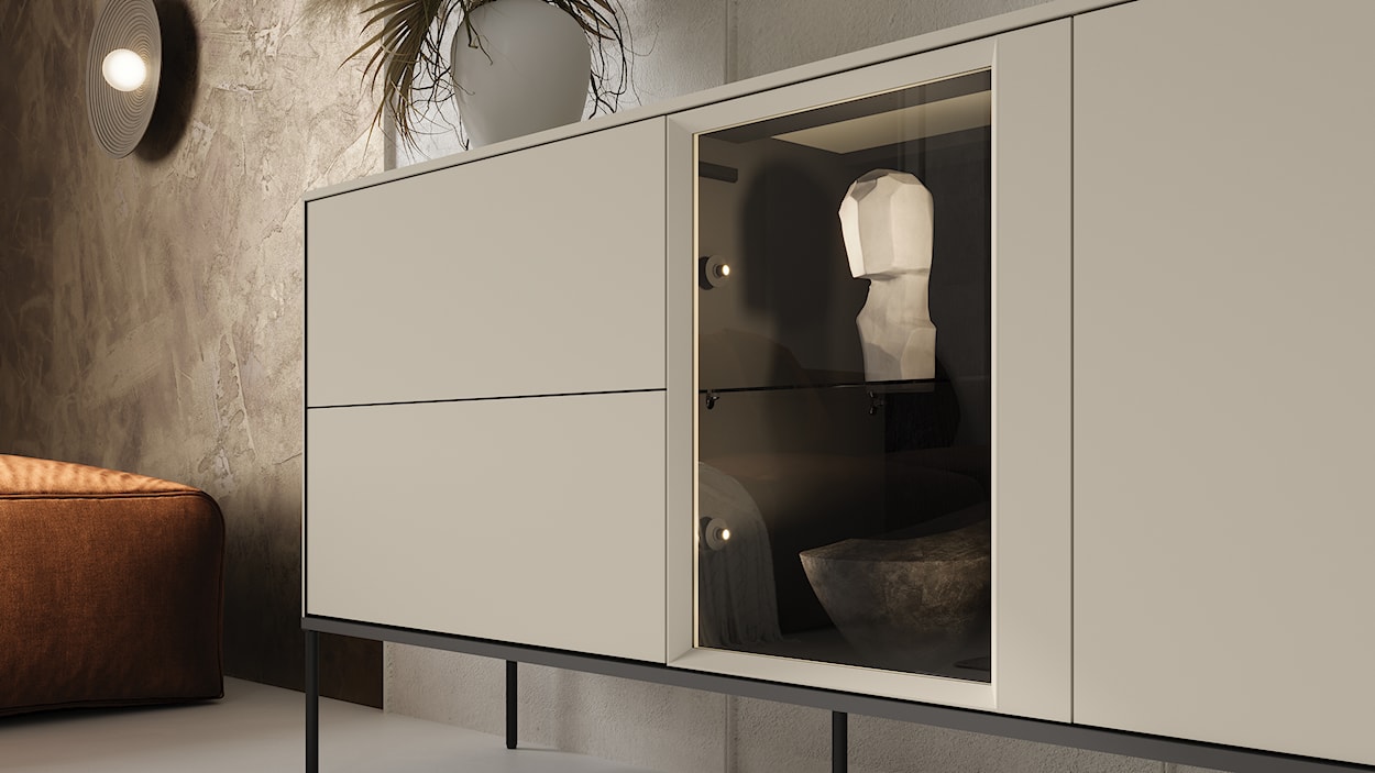 Komoda jednodrzwiowa Bellezo z witryną LED i dwiema szufladami 166 cm kremowy  - zdjęcie 7