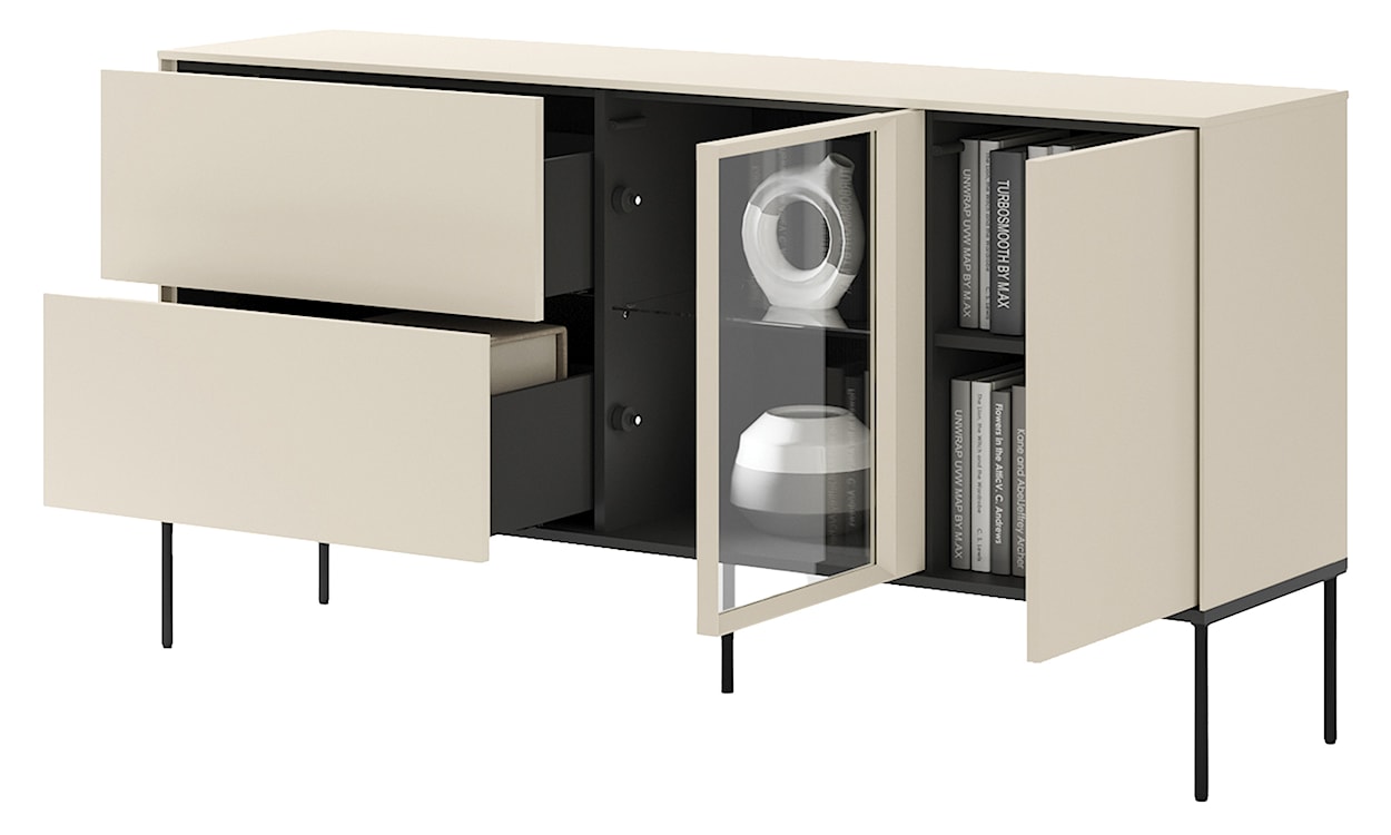 Komoda jednodrzwiowa Bellezo z witryną LED i dwiema szufladami 166 cm kremowy  - zdjęcie 5