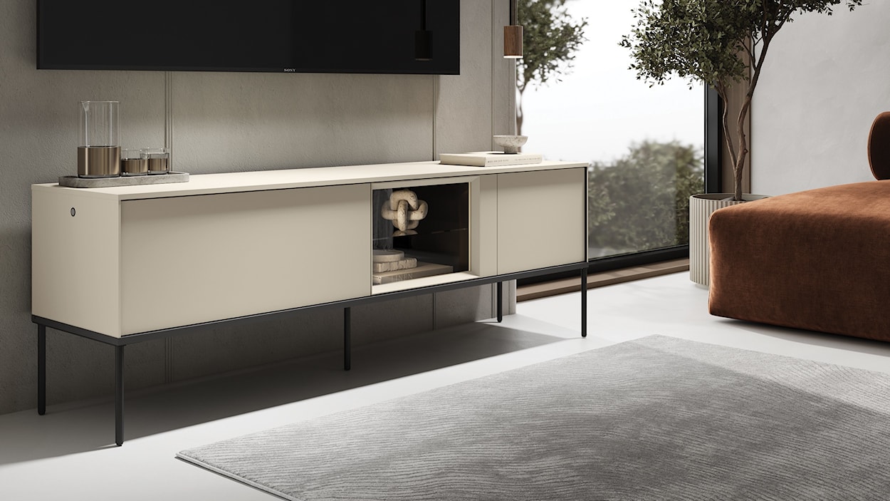 Szafka RTV Bellezo z witryną LED 166 cm kremowy  - zdjęcie 2