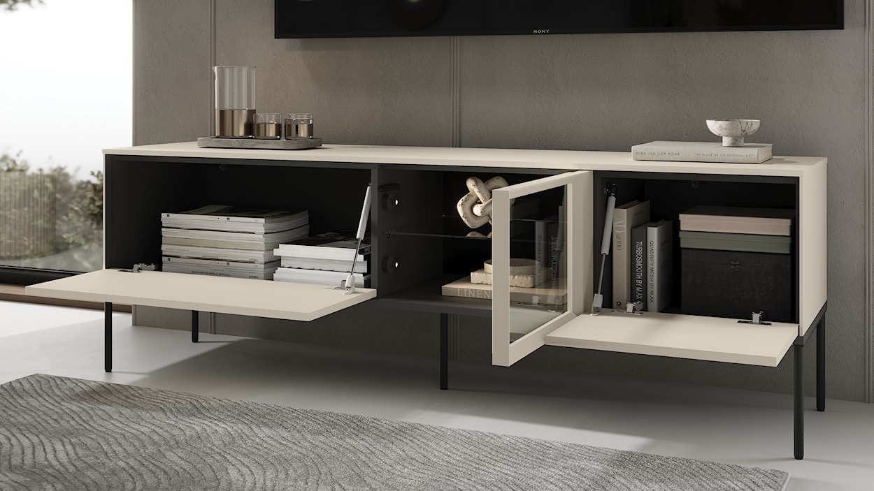 Szafka RTV Bellezo z witryną LED 166 cm kremowy  - zdjęcie 7