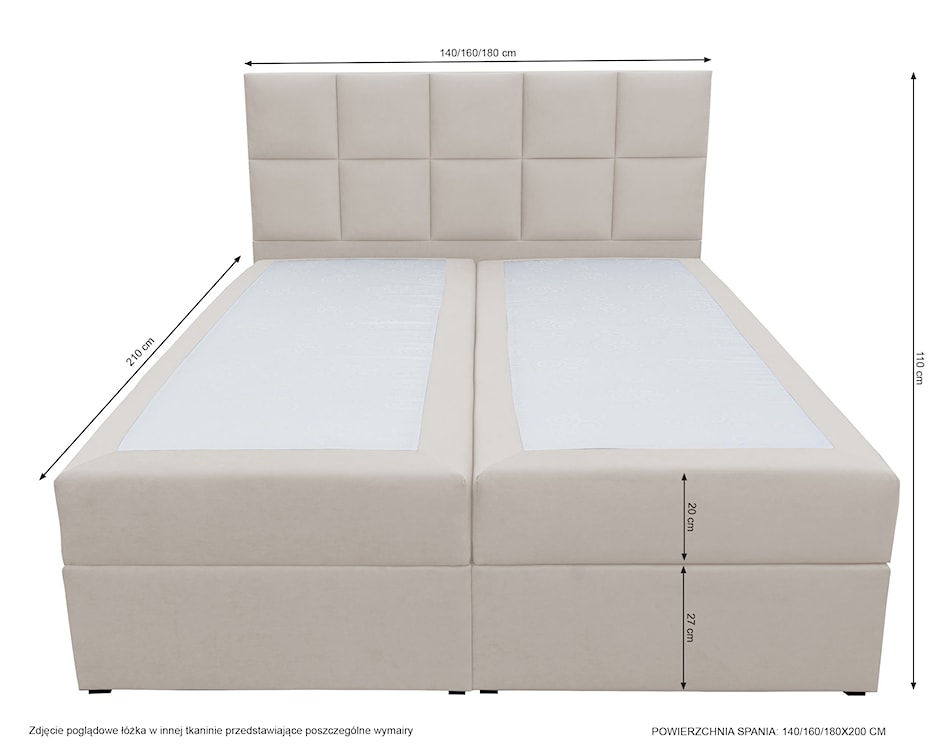 Łóżko kontynentalne  180x200 cm Capelio z pojemnikami i materacami bonellowymi jasnobeżowe welur hydrofobowy  - zdjęcie 6