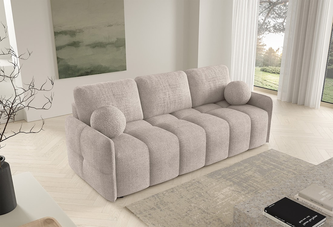 Kanapa rozkładana trzyosobowa Bambeli z pojemnikiem beżowa boucle  - zdjęcie 2