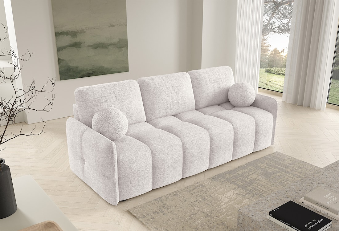 Kanapa rozkładana trzyosobowa Bambeli z pojemnikiem kremowa boucle  - zdjęcie 2