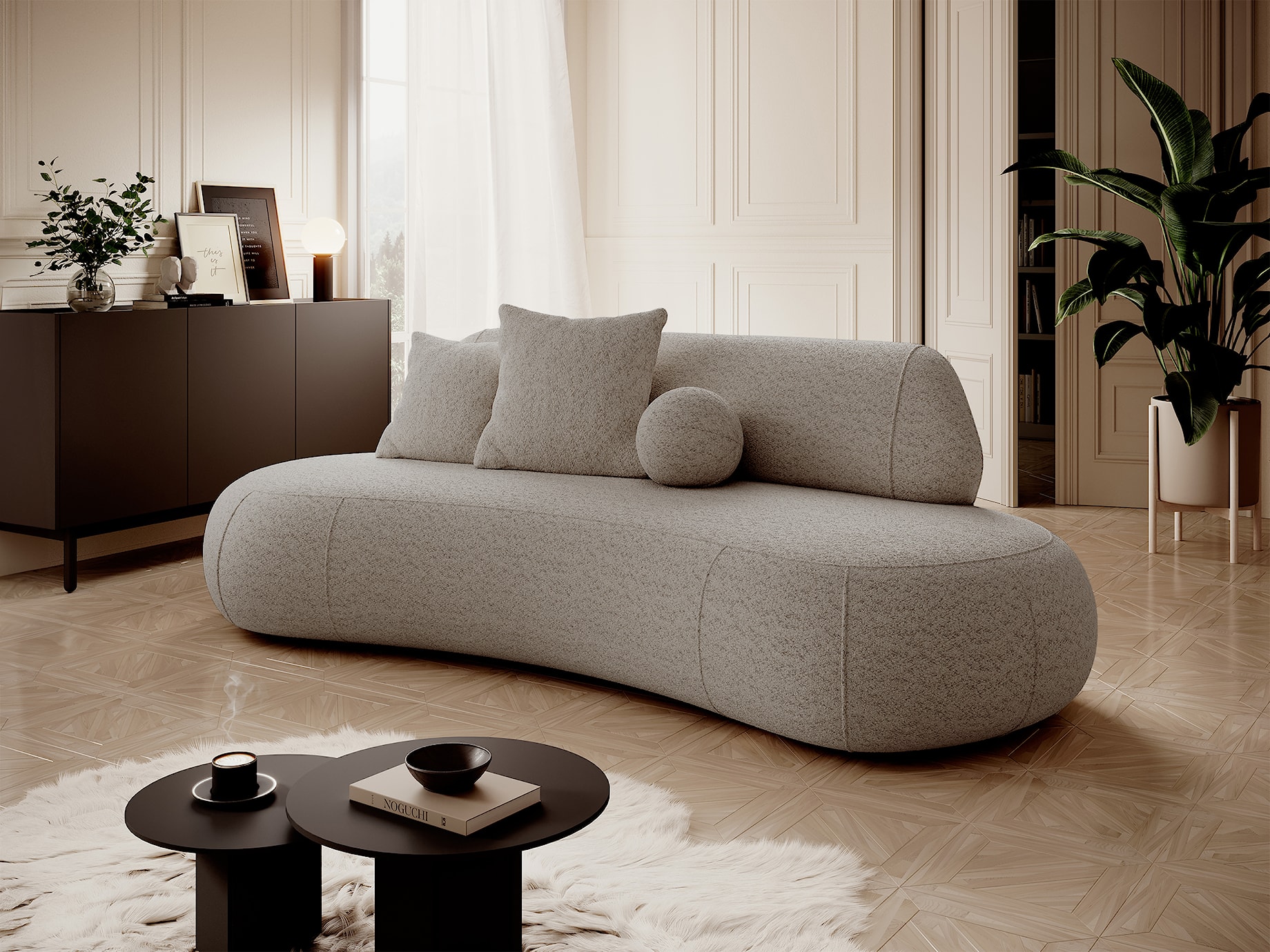 Obła sofa w tkaninie boucle