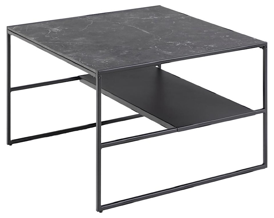Stolik kawowy Bayones kwadratowy czarny z marmurkowym blatem i dodatkową półką 70 cm 
