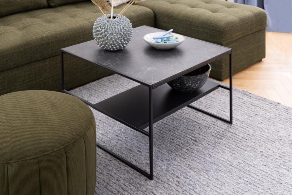Stolik kawowy Bayones kwadratowy czarny z marmurkowym blatem i dodatkową półką 70 cm  - zdjęcie 6