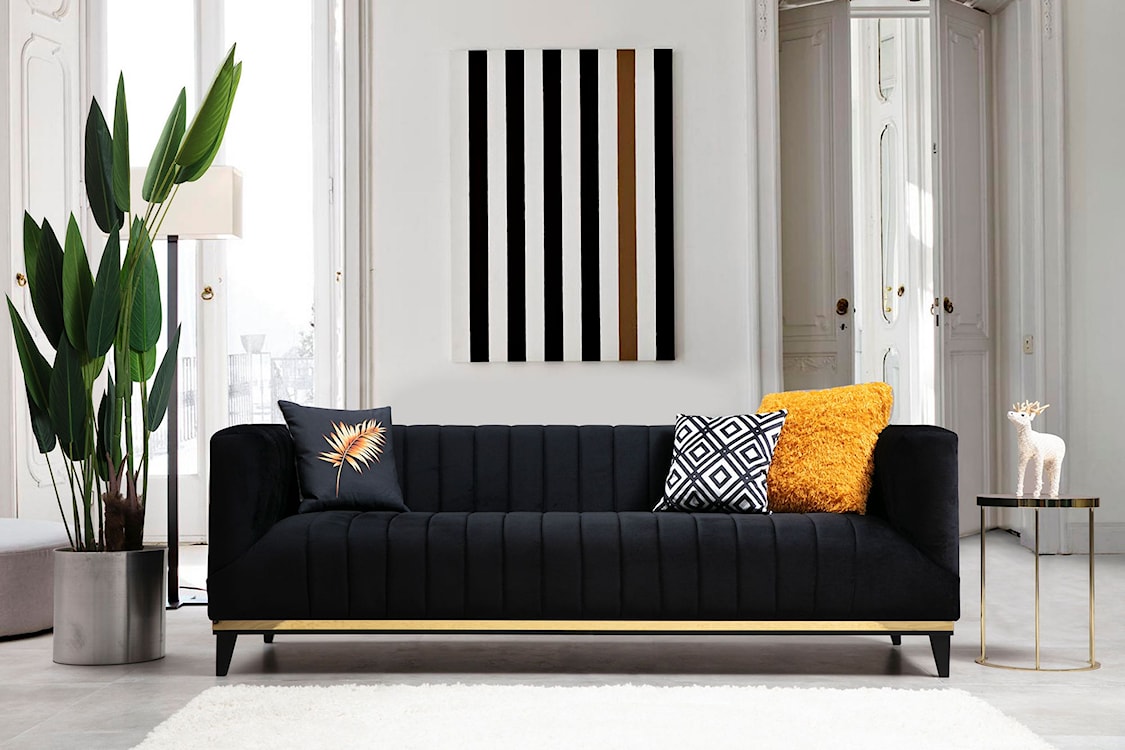Sofa trzyosobowa Bellino czarna ze złotym zdobieniem  - zdjęcie 2