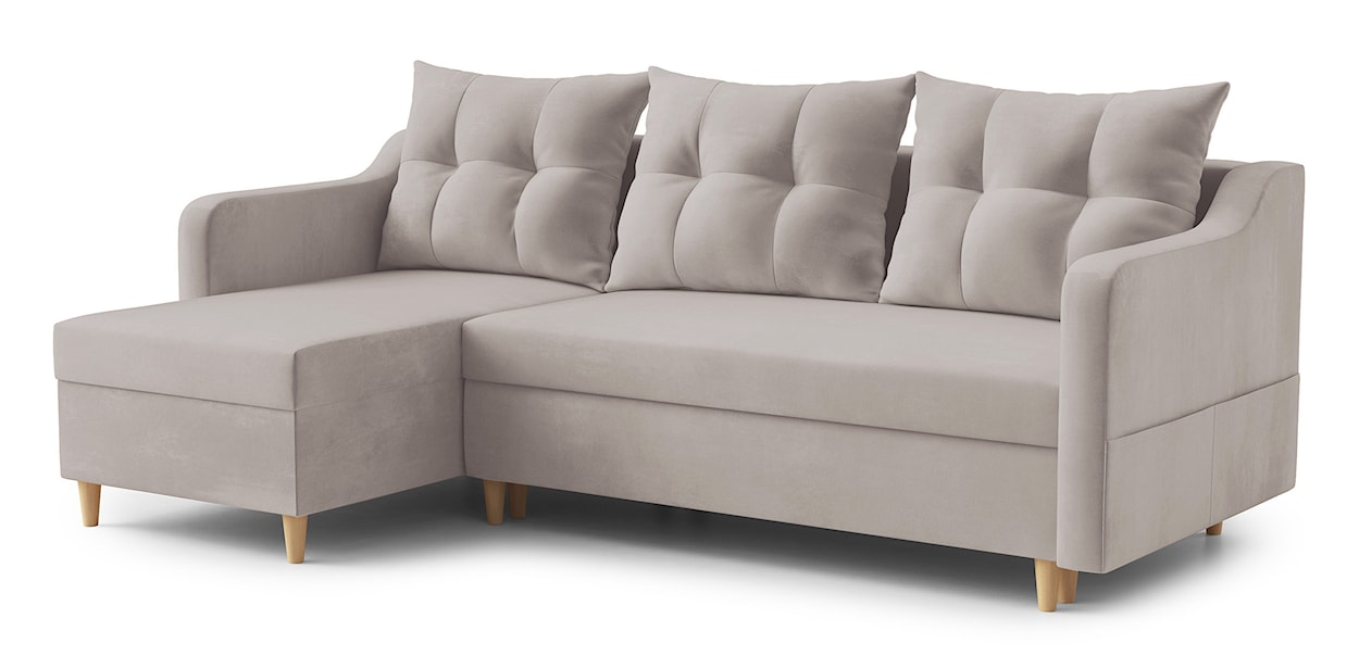 Narożnik z funkcją spania Bernial L-kształtny z pojemnikiem uniwersalny szarobeżowy welur 