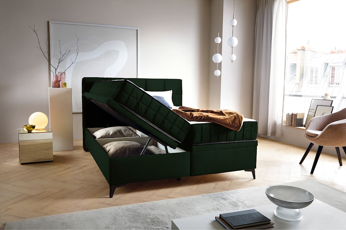 Łóżko kontynentalne 180x200 cm Beriano z pojemnikami i materacem butelkowa zieleń welur  - zdjęcie 4