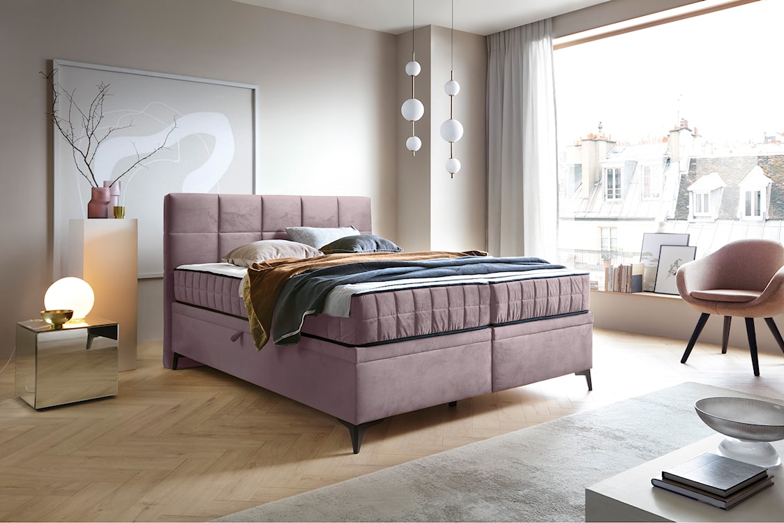 Łóżko kontynentalne 160x200 cm Beriano z pojemnikami i materacem wrzosowe welur  - zdjęcie 2