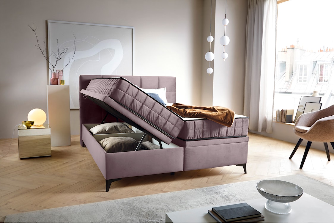 Łóżko kontynentalne 160x200 cm Beriano z pojemnikami i materacem wrzosowe welur  - zdjęcie 4
