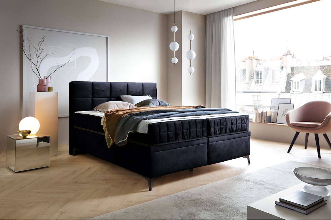 Łóżko kontynentalne 180x200 cm Beriano z pojemnikami i materacem granatowe welur  - zdjęcie 2