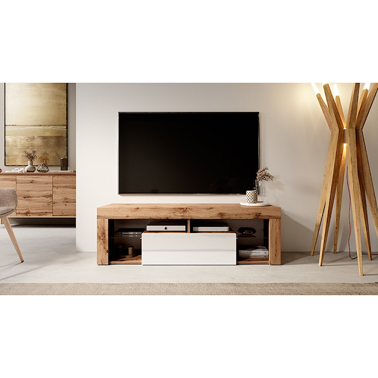 Szafka RTV Bianko 140 cm Dąb lancelot / Biały połysk  - zdjęcie 8