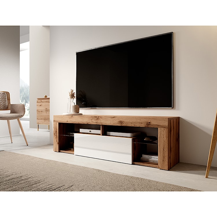 Szafka RTV Bianko 140 cm Dąb lancelot / Biały połysk  - zdjęcie 3