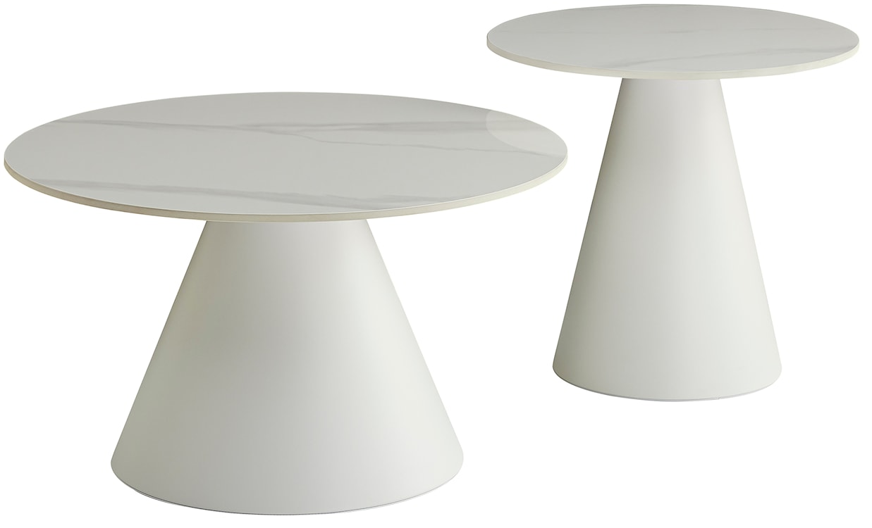 Zestaw stolików kawowych Blonco okrągłe 50 i 70 cm białe z kamiennym blatem i metalową podstawą 
