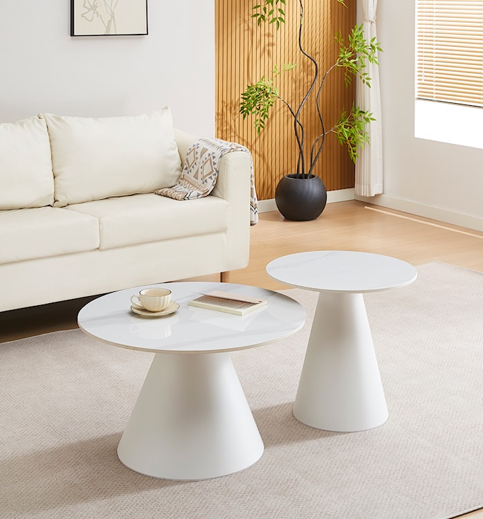 Zestaw stolików kawowych Blonco okrągłe 50 i 70 cm białe z kamiennym blatem i metalową podstawą  - zdjęcie 2