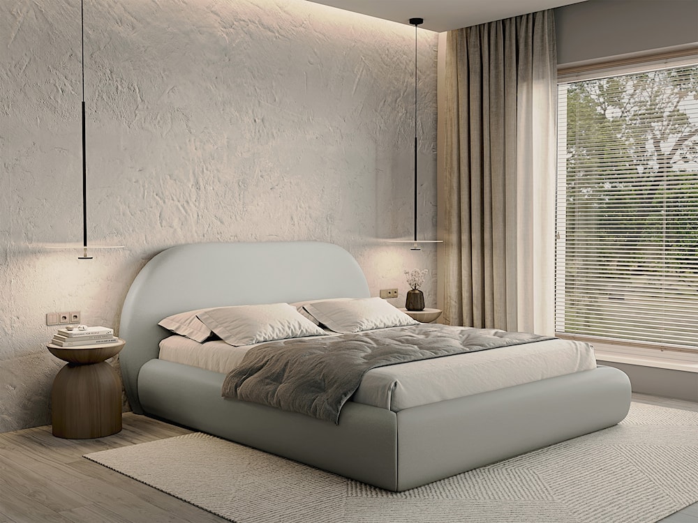 Łóżko tapicerowane 160x200 cm Buvio z pojemnikiem stelaż metalowy szarobeżowe szenil  - zdjęcie 2