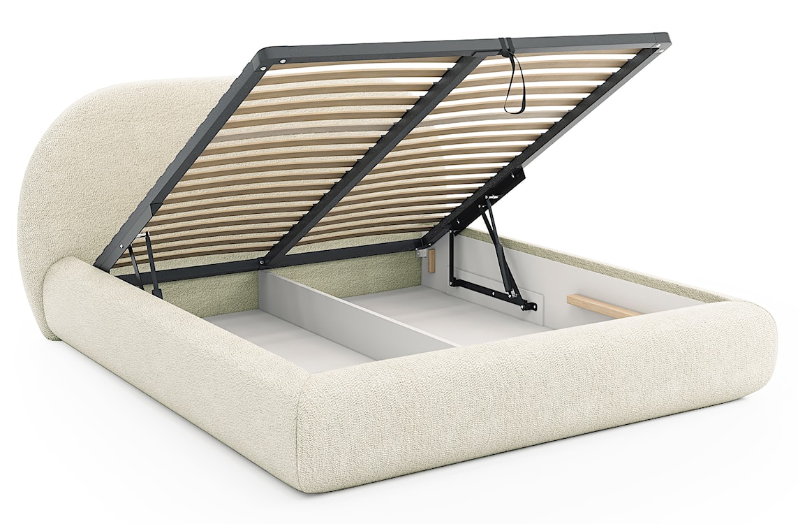 Łóżko tapicerowane 180x200 cm Buvio z pojemnikiem stelaż metalowy kremowe boucle  - zdjęcie 3