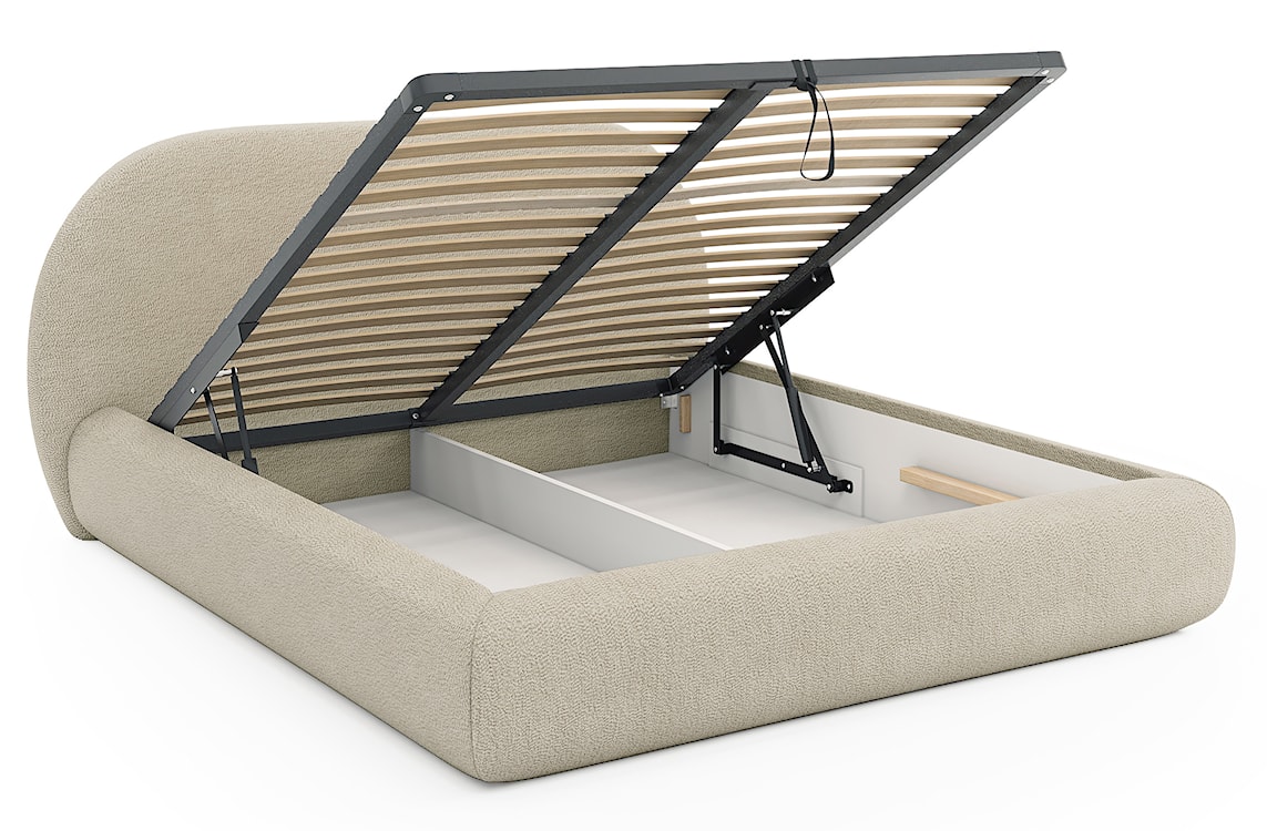 Łóżko tapicerowane 140x200 cm Buvio z pojemnikiem stelaż metalowy beżowe boucle  - zdjęcie 3