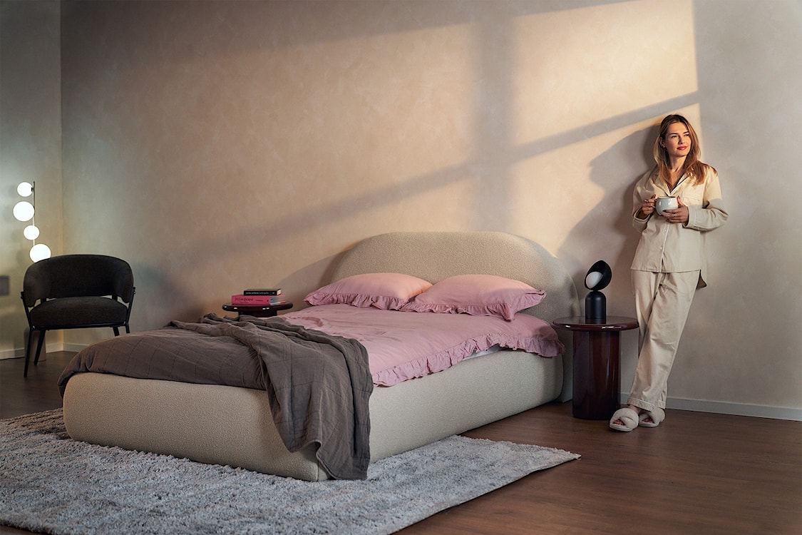 Łóżko tapicerowane 140x200 cm Buvio z pojemnikiem stelaż metalowy jasnobeżowe boucle  - zdjęcie 2