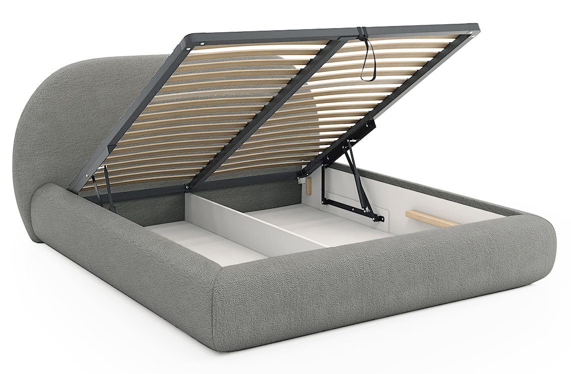 Łóżko tapicerowane 140x200 cm Buvio z pojemnikiem stelaż metalowy szare boucle  - zdjęcie 3