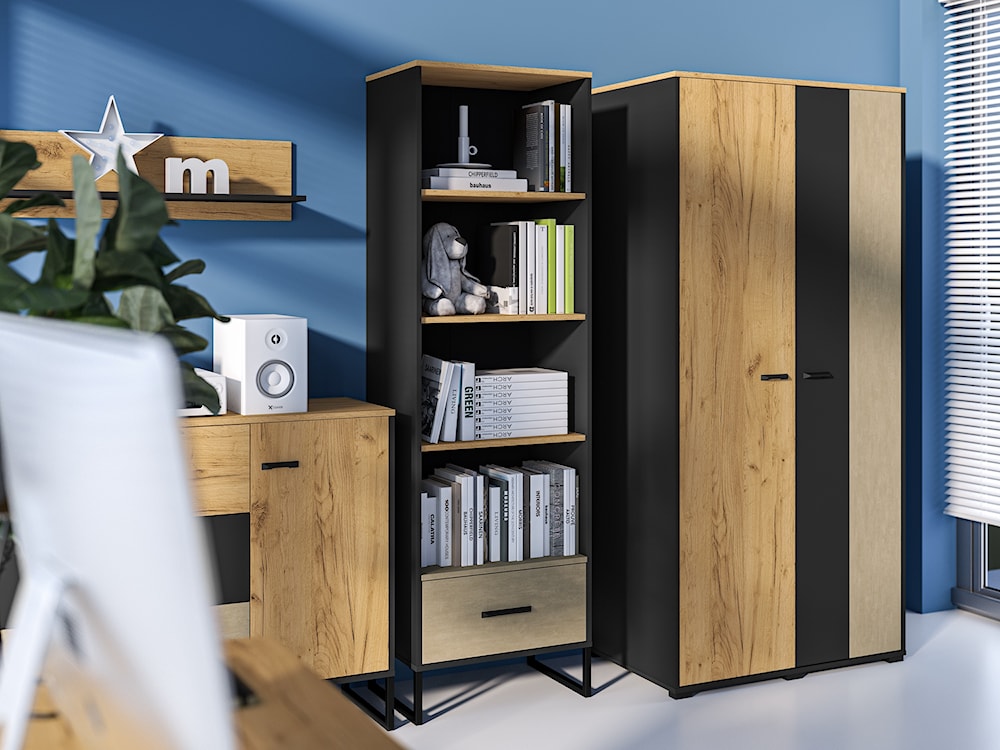 Szafa młodzieżowa dwudrzwiowa Colt z drążkami i półkami 90 cm dąb craft/czarny/stal  - zdjęcie 4