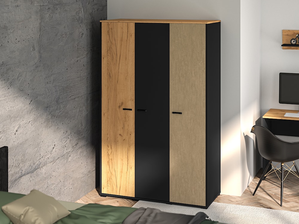 Szafa młodzieżowa trzydrzwiowa Colt z drążkami i półkami 120 cm dąb craft/czarny/stal  - zdjęcie 2