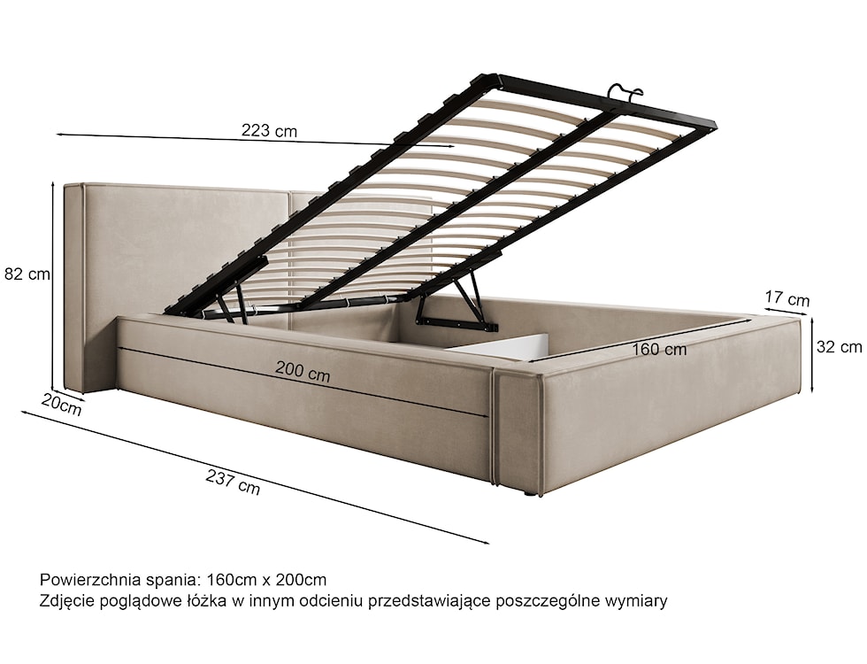 Łóżko tapicerowane 160x200 cm Cabrera z pojemnikiem stelaż metalowy kremowe welur   - zdjęcie 5