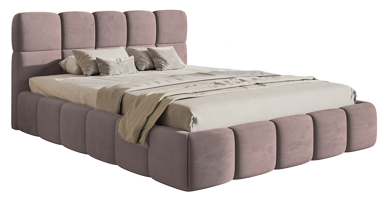 Łóżko tapicerowane 140x200 cm Cloudy z pojemnikiem jasnoróżowe welur hydrofobowy łatwoczyszczący stelaż metalowy 