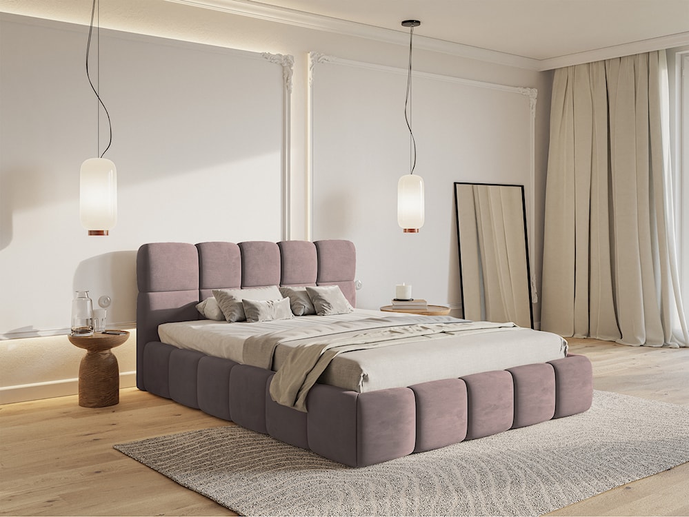 Łóżko tapicerowane 140x200 cm Cloudy z pojemnikiem jasnoróżowe welur hydrofobowy łatwoczyszczący stelaż metalowy  - zdjęcie 2