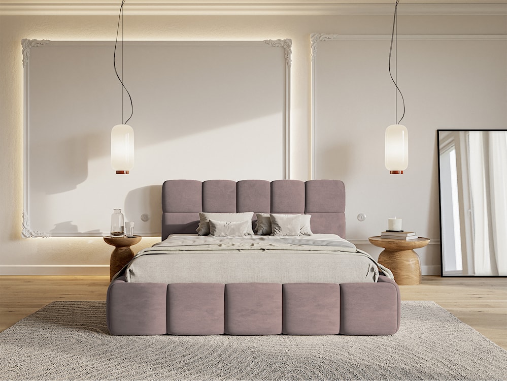 Łóżko tapicerowane 140x200 cm Cloudy z pojemnikiem jasnoróżowe welur hydrofobowy łatwoczyszczący stelaż metalowy  - zdjęcie 4