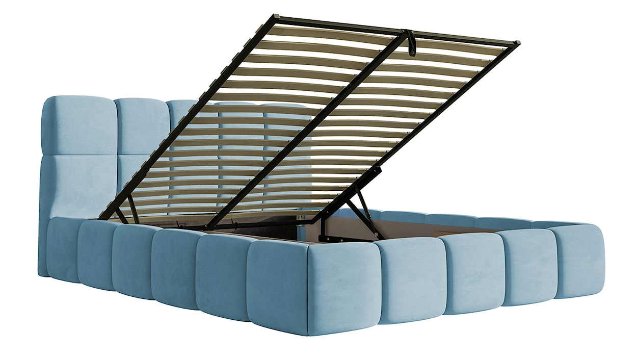 Łóżko tapicerowane 160x200 cm Cloudy z pojemnikiem błękitne welur hydrofobowy łatwoczyszczący stelaż metalowy  - zdjęcie 3