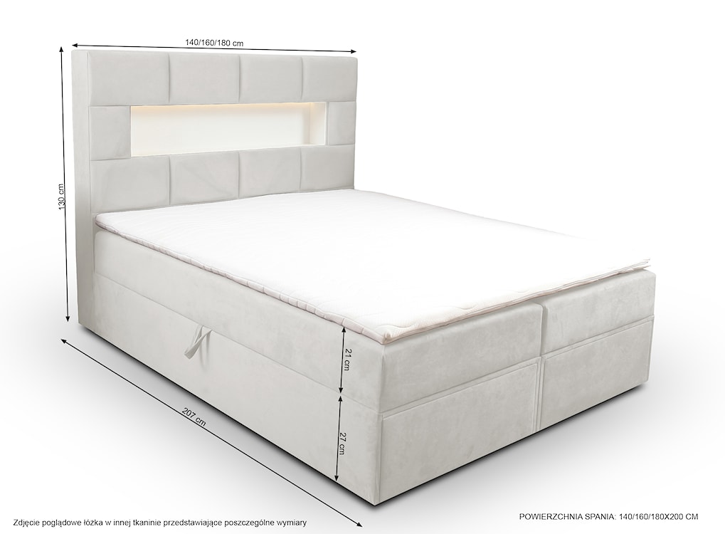 Łóżko kontynentalne 180x200 cm Celaeno z pojemnikami, tapperem i materacem kieszeniowym jasnoszare  - zdjęcie 5