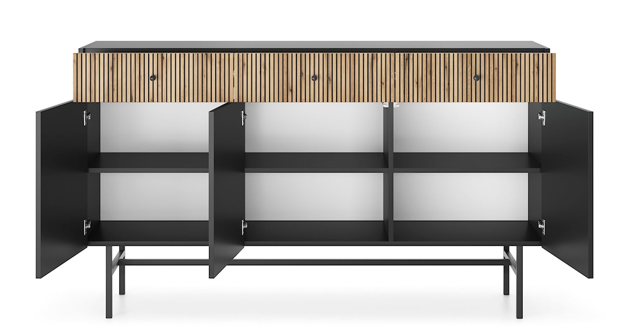 Komoda trzydrzwiowa Divenos z szufladami i lamelami 155 cm Czarna/Dąb  - zdjęcie 5