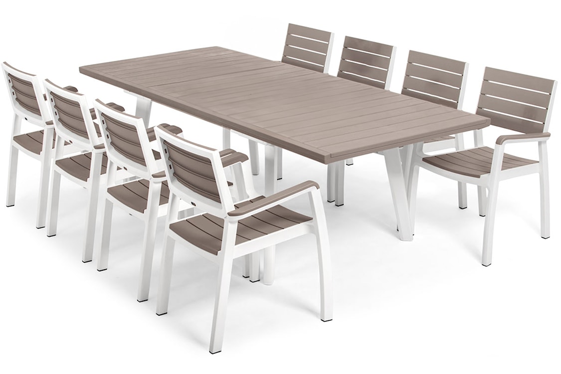 Zestaw ogrodowy Harmony Extendable Keter rozkładany ośmioosobowy stół i krzesła brązowo-biały