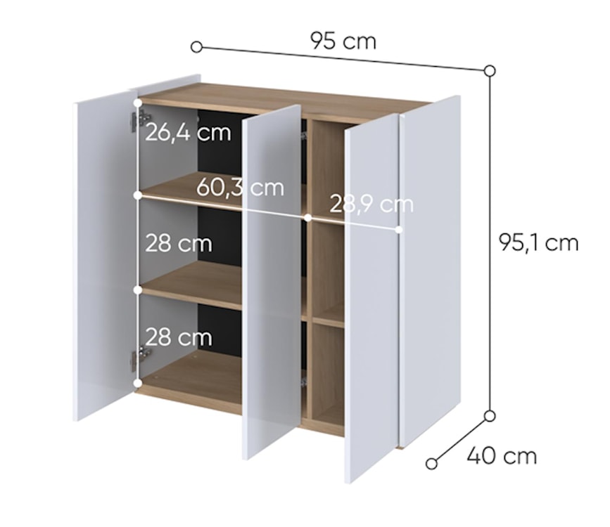 Komoda trzydrzwiowa Easy z oświetleniem LED 95 cm Biała połysk/Dąb Scandi  - zdjęcie 4