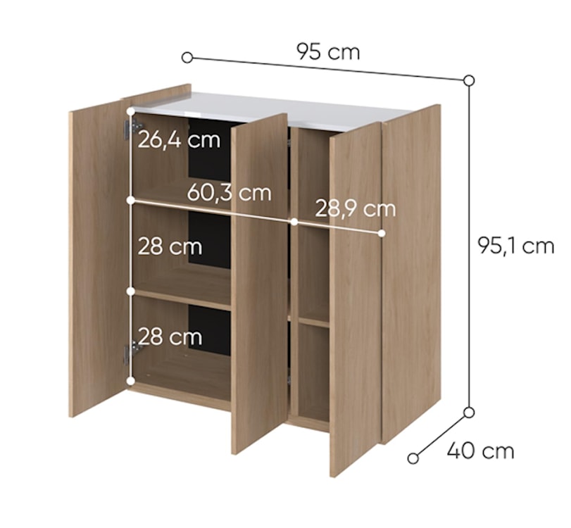 Komoda trzydrzwiowa Easy z oświetleniem LED 95 cm Dąb Scandi/Biała połysk  - zdjęcie 5